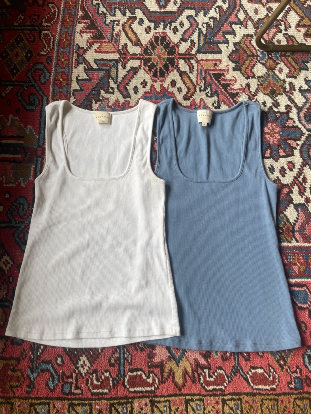 Sezane White & Light Blue Ribbed Scoop Neck Tanks